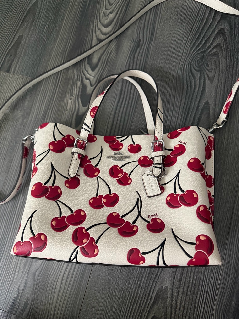 Coach White Leather Satchel with Red Cherry Print